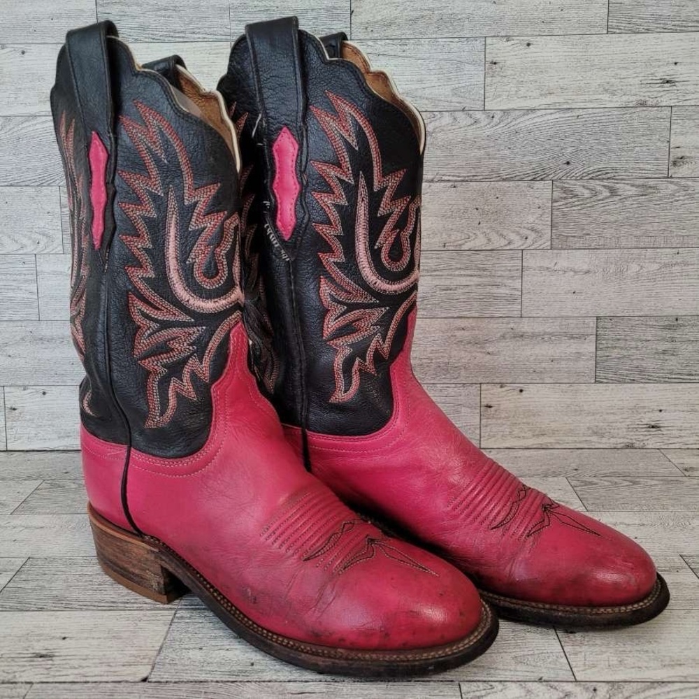 Women's Lucchese 2000 Western Pink Black Leather Rodeo Cowboy Boots Size 7 B - Picture 2 of 9